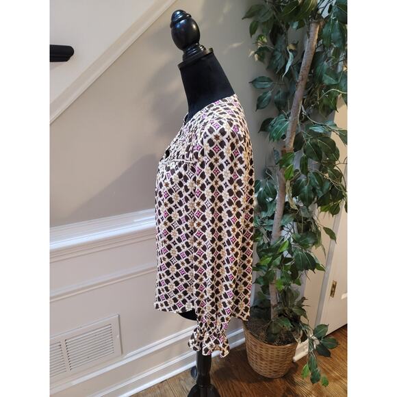 Loft Blouse Women's Size XS Multicolor Geometric Print Long Sleeve Keyhole Top - Picture 7 of 11